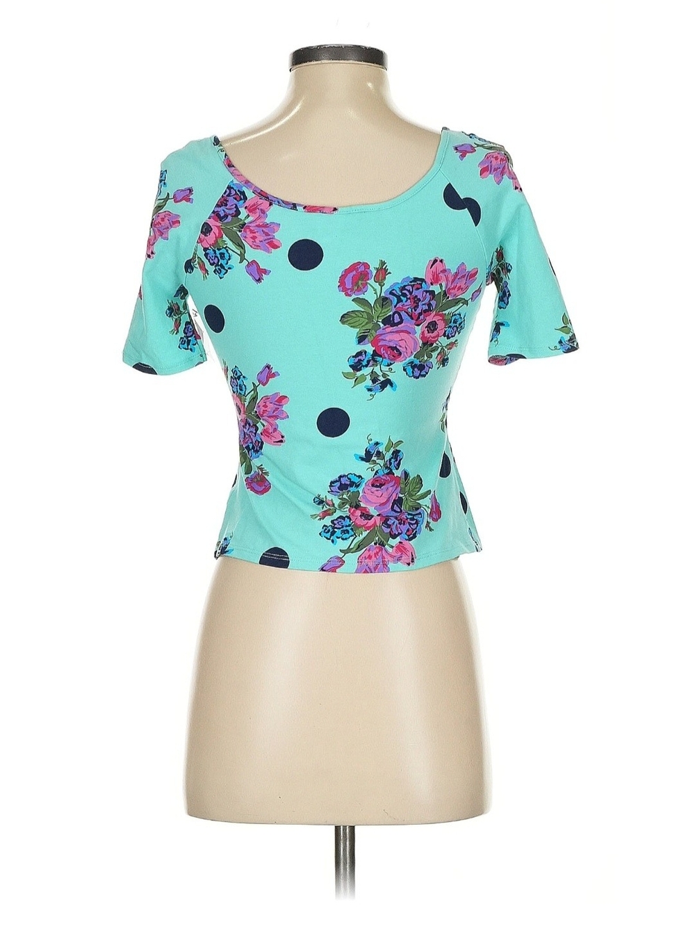Nanette Lepore Turquoise Floral Crop Top with Black Polka Dots